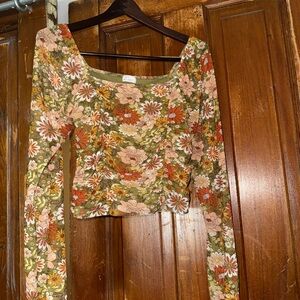 Floral Puff Sleeve Blouse in Green and Orange